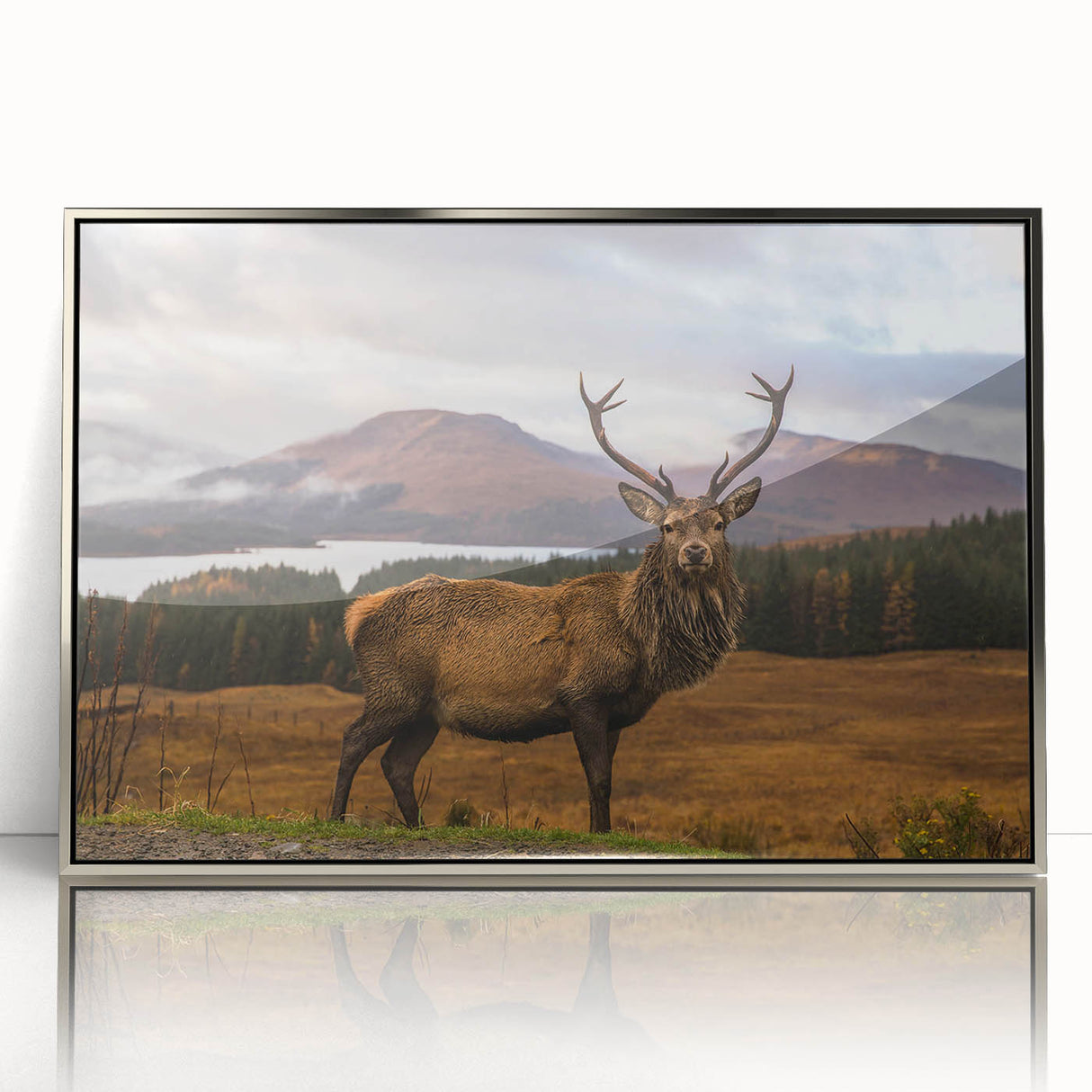 Large art print of a Scottish landscape, muted greens and blues, in a silver frame, acrylic, ideal for modern art wall decor.