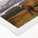 Art deco poster featuring a serene Scottish landscape in muted green and blue tones on rolled canvas.