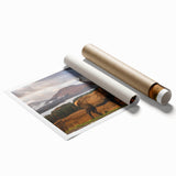 Extra large rolled print depicting a serene Scottish landscape in muted earth tones, ideal for classy bathroom wall art.