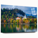 Large abstract depiction of a European Slovenian landscape in muted blue and green tones on acrylic glass.