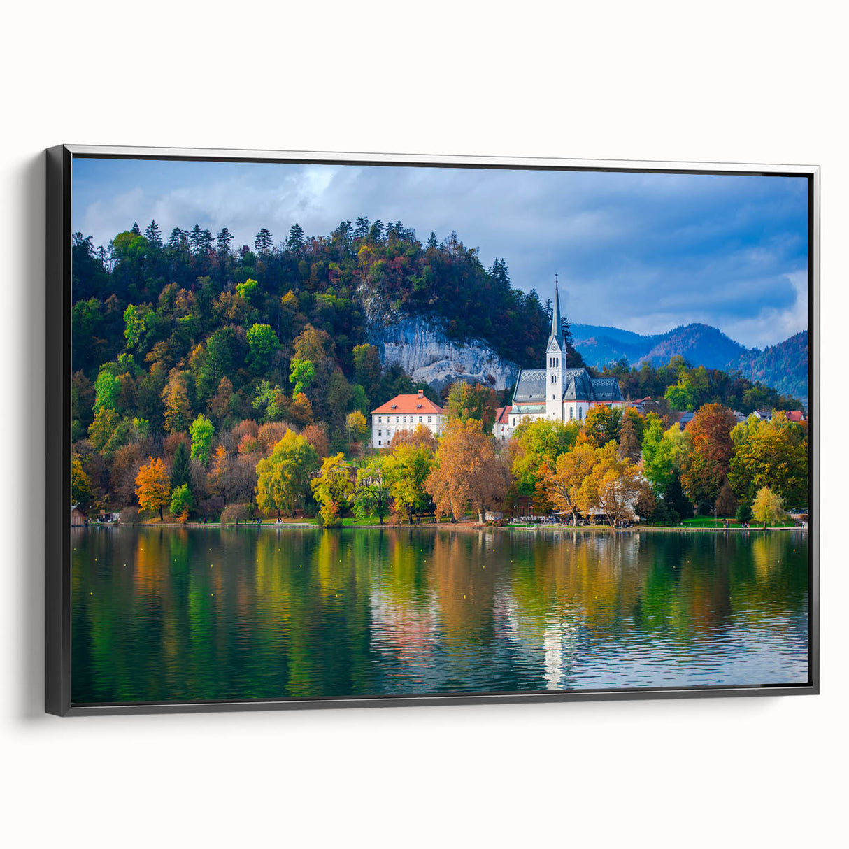 Black and white framed canvas of a Slovenian landscape, ideal for bedroom wall art.