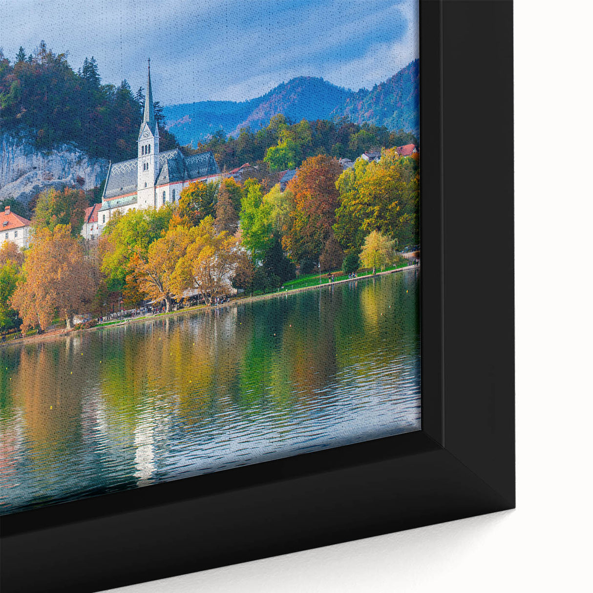 Extra large framed canvas featuring a textured depiction of a Slovenian landscape in black with colorful accents.