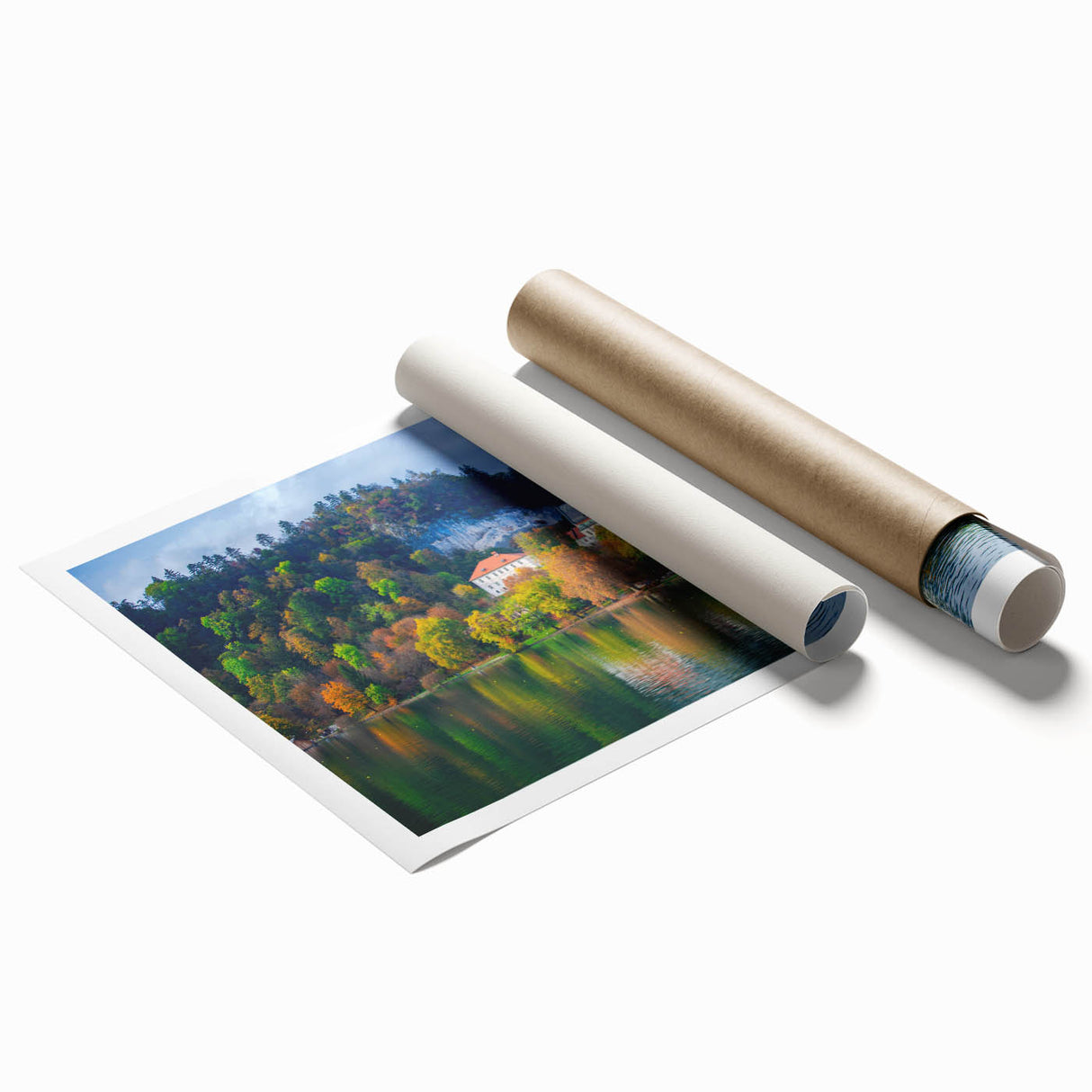 Extra large rolled print of a Slovenian landscape with vibrant green hues, ideal for classy bathroom wall art.