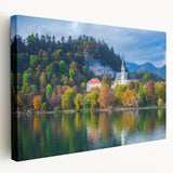 Landscape of a Slovenian village on stretched canvas, featuring muted earth tones, ideal for kitchen wall art.