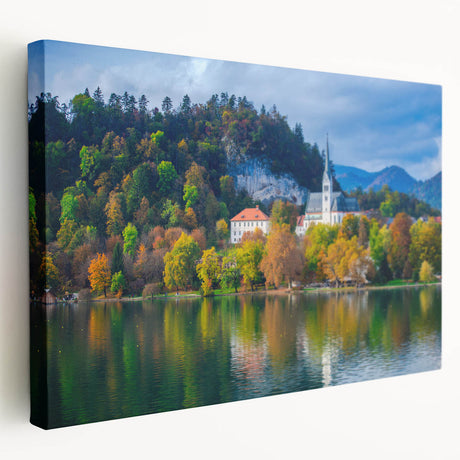 Landscape of a Slovenian village on stretched canvas, featuring muted earth tones, ideal for kitchen wall art.