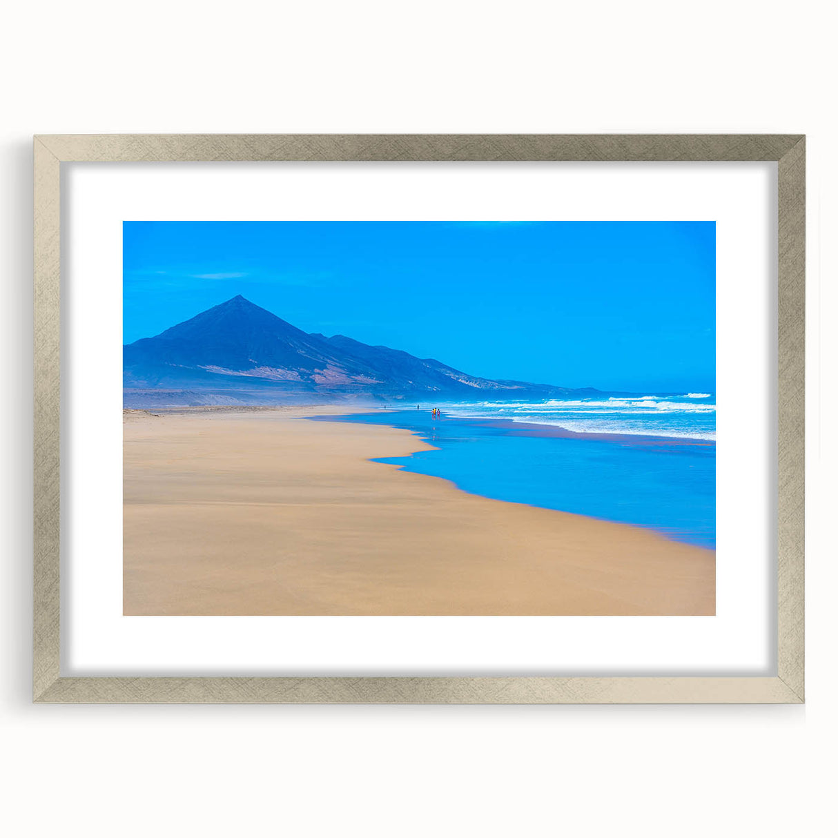Extra large abstract art print of a textured European scenery in muted earth tones, framed in silver.