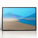 Large abstract wall art of a European scenery in muted earth tones, framed in black acrylic.