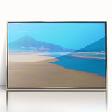 Mid-century modernist acrylic print of Canary Islands scenery in muted colors, framed in silver.