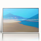 Mid-century modernist art depicting a serene Canary Islands landscape in muted earth tones, framed acrylic.