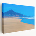 Side view of a stretched canvas depicting a scenic European landscape in vibrant green and blue tones.