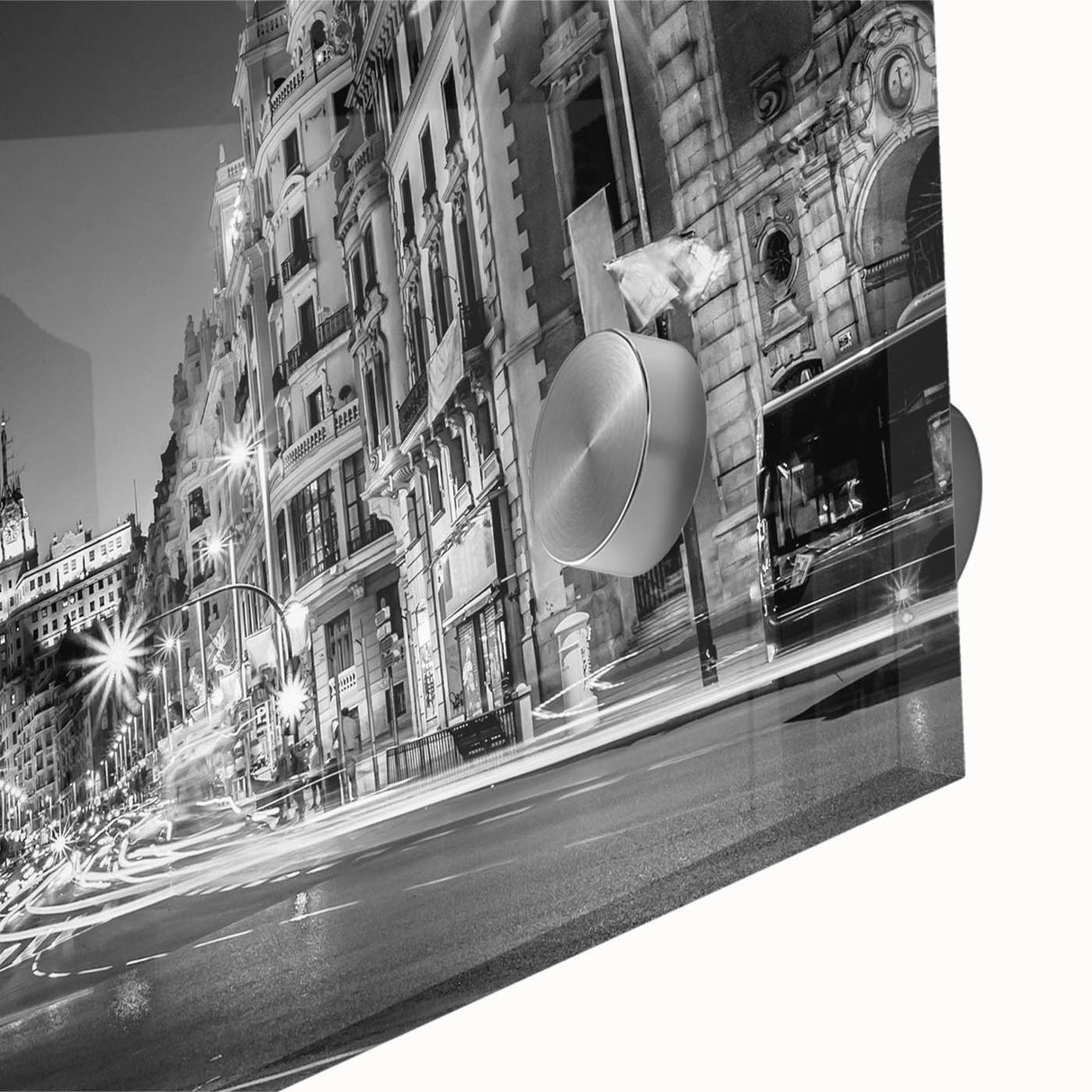 Large abstract wall art of Madrid scenery in muted earth tones on acrylic glass, suitable for dining room decor.