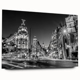 Large abstract depiction of Madrid's skyline in muted earth tones on acrylic glass, suitable for bedroom or dining room art.