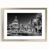 Textured abstract art print of Madrid skyline in muted earth tones on a framed canvas, ideal for bedroom art.