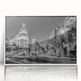 Art deco poster of Madrid skyline in muted gray and white tones on acrylic, ideal for modern art wall decor in a nursery.