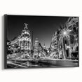 Black and white wall art of Madrid landscape on framed canvas, ideal for bedroom decor.