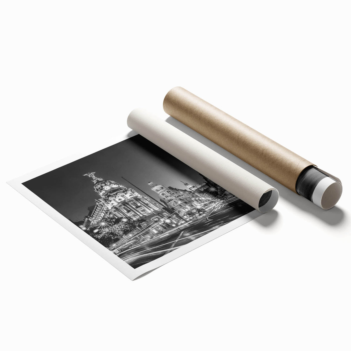 Large rolled print depicting a detailed Madrid cityscape with vibrant floral accents.