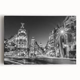 Black and white stretched canvas of Madrid cityscape, ideal for kitchen art.