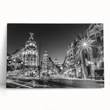 Large black and white stretched canvas of Madrid scenery, ideal for kitchen wall art or bedroom ambiance.