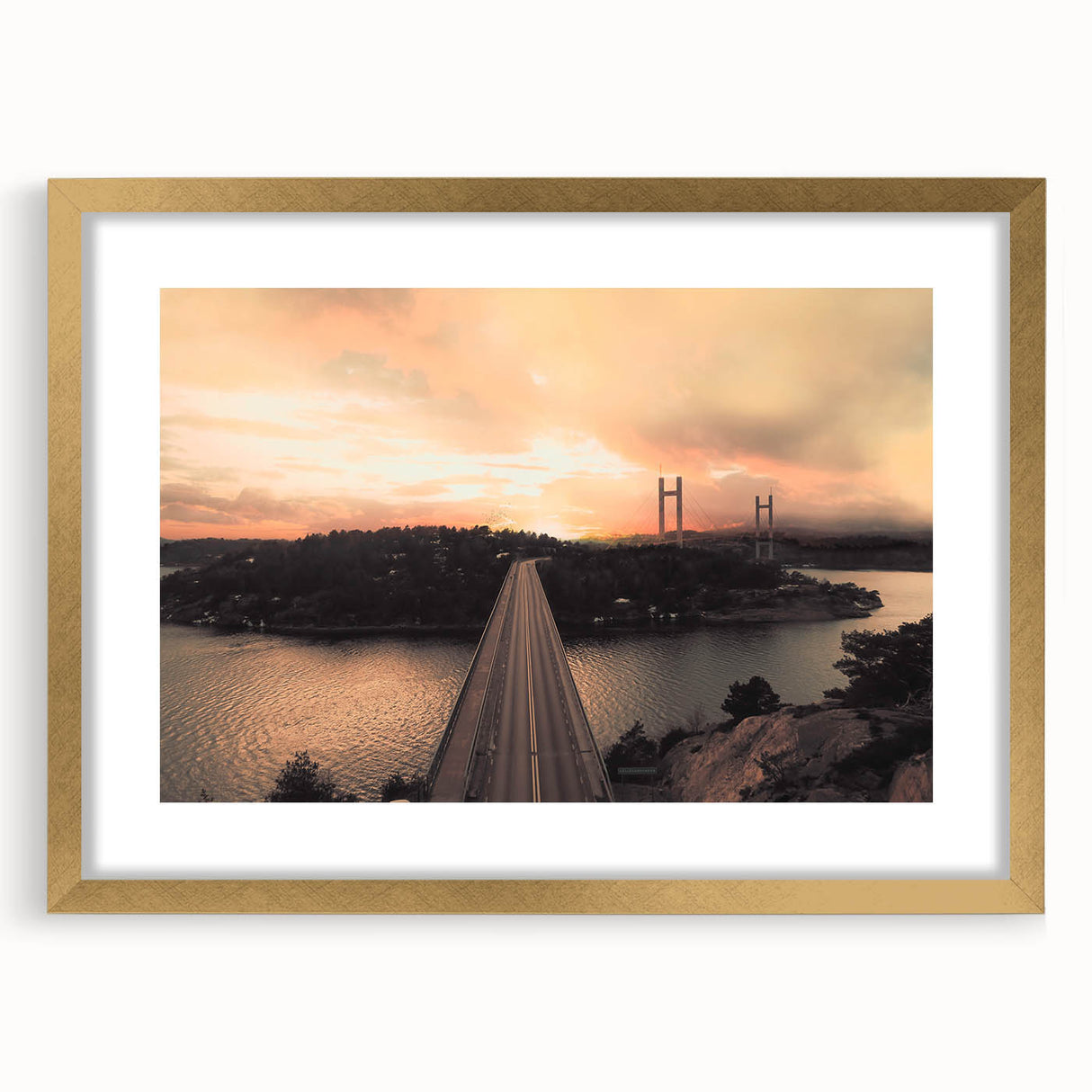 Extra large abstract art print of a European scenery in muted earth tones, framed in gold, ideal for living room decor.
