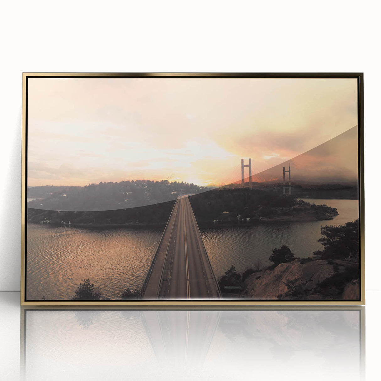 Acrylic print of a serene Swedish landscape, featuring muted earth tones in a mid-century modernist style.