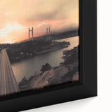 Close-up of a black wall art canvas featuring a textured, colorful European scenery, ideal for living room decor.