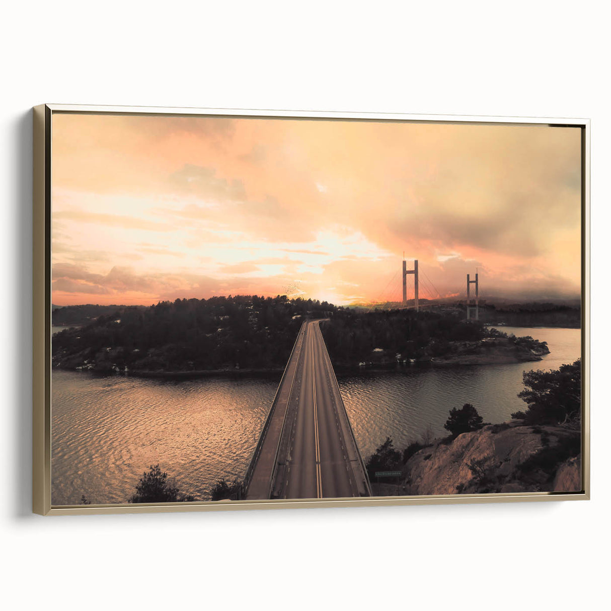 Framed canvas featuring a vintage-style landscape painting of a serene Swedish scenery, ideal for bedroom wall art.