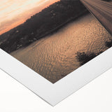 Art deco poster of a serene Swedish landscape in muted green and blue tones on rolled canvas, suitable for dining room decor.