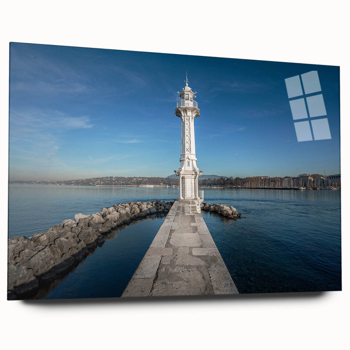 Large abstract wall art of Geneva scenery in muted blue and green hues on acrylic glass.