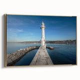 Framed canvas featuring a vintage-style landscape painting of Geneva, with muted gold and black tones.