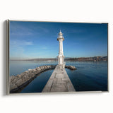 Vintage-style landscape art painting of Geneva on framed canvas, featuring muted colors with black accents.