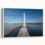 Vintage poster art of Geneva scenery on extra large white framed canvas, featuring colorful artwork.
