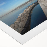Art deco poster of Geneva scenery in muted blue and grey tones on rolled canvas, suitable for dining room wall art.