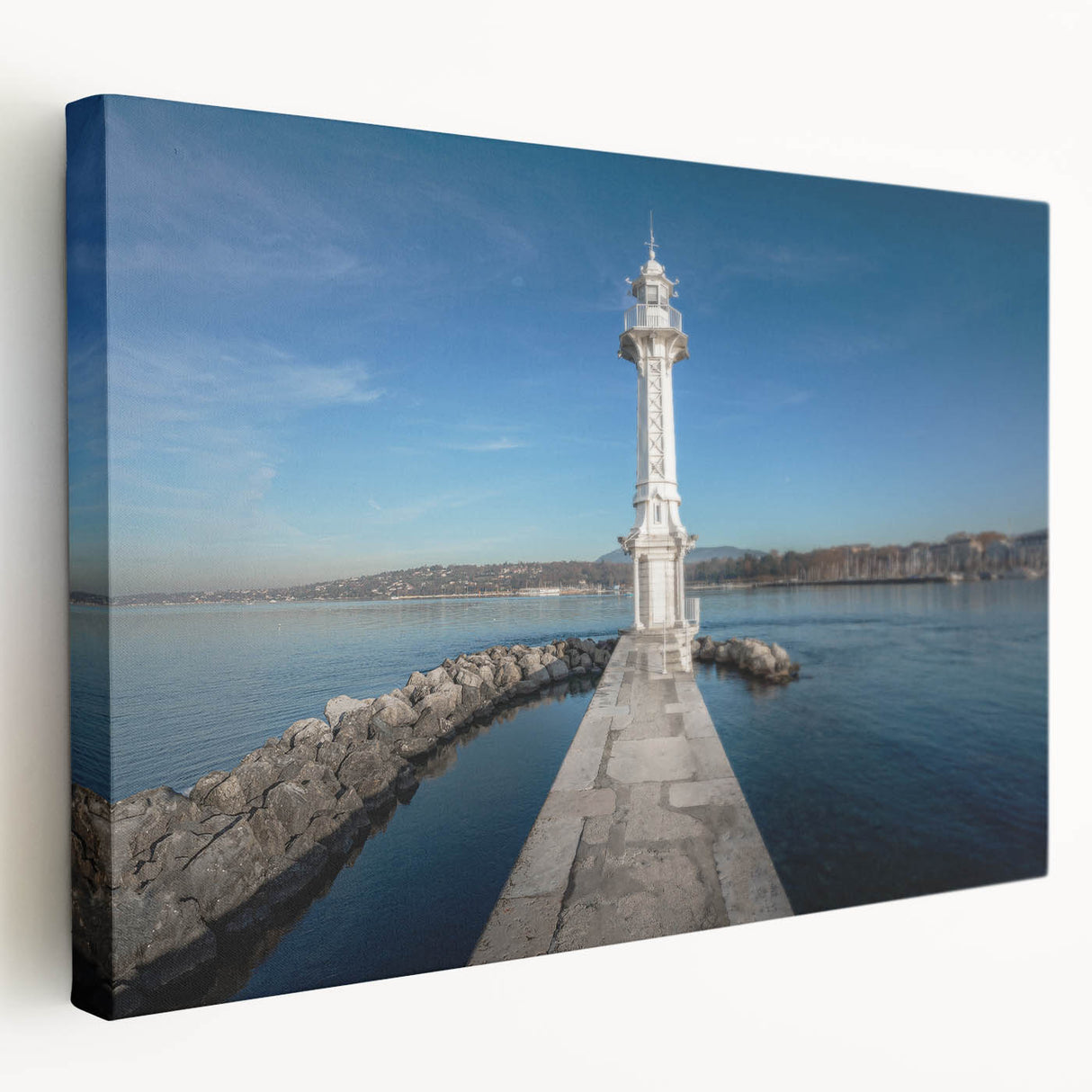 Large art print of Geneva, Switzerland scenery in muted earth tones on stretched canvas, ideal for kitchen wall art.