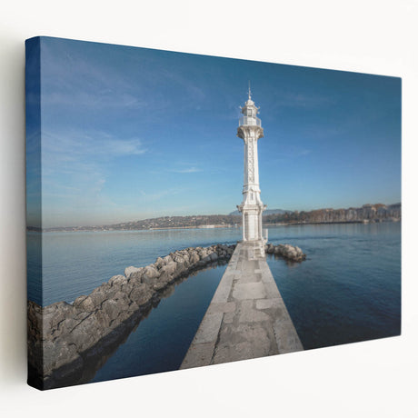 Large art print of Geneva, Switzerland scenery in muted earth tones on stretched canvas, ideal for kitchen wall art.