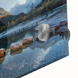 Large abstract wall art depicting a Swiss landscape in muted tones on acrylic glass, suited for dining room ambiance.