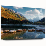 Large abstract wall art depicting a European Swiss landscape in muted earth tones on acrylic glass.