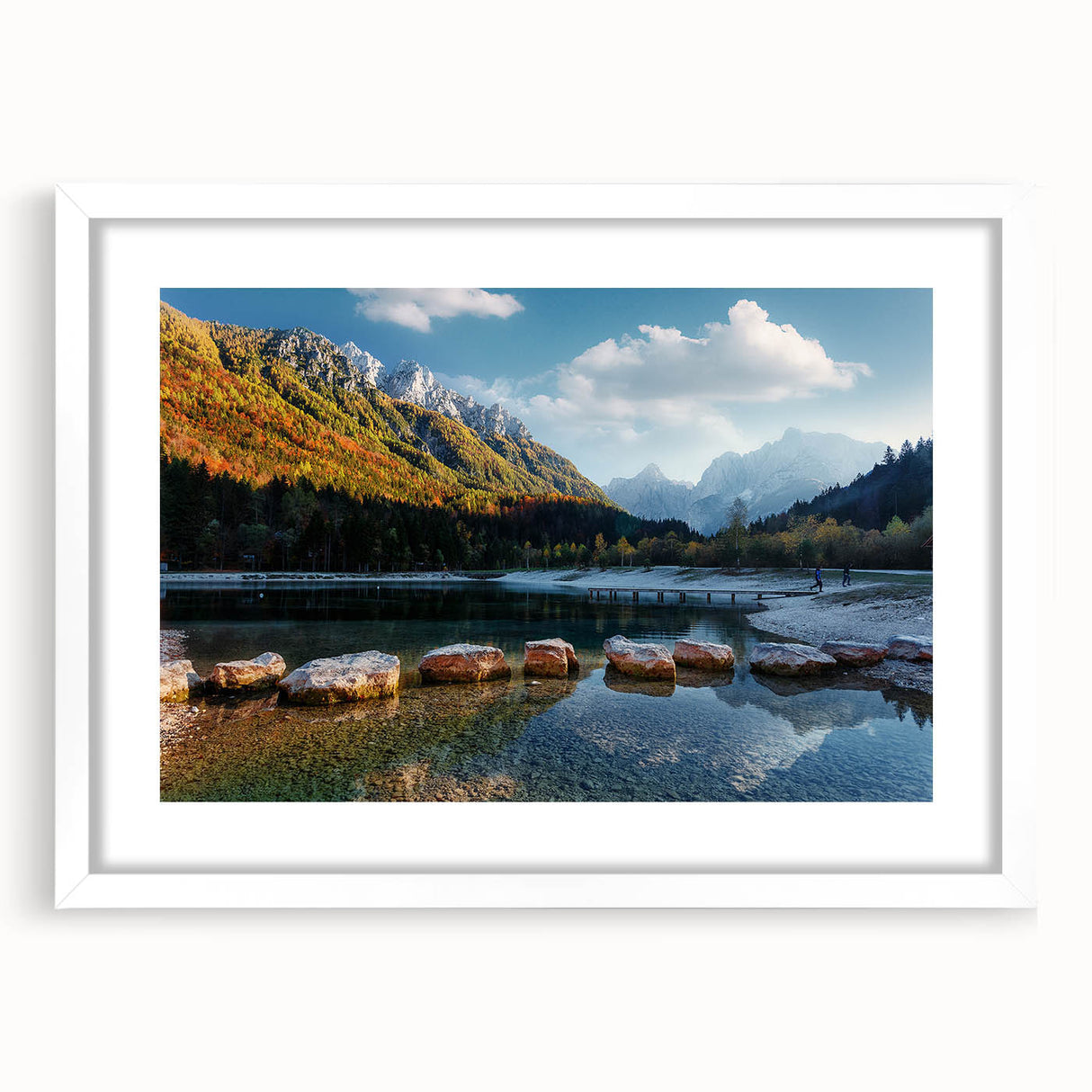 Abstract art print of a European landscape in muted earth tones, framed with a white mat, suitable for dining room decor.