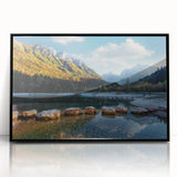 Large abstract wall art of a European scenery in Switzerland, depicted in muted earth tones on a framed acrylic.