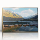 Large art print of a Swiss landscape in muted greens and blues on a framed acrylic, ideal for modern art wall decor.