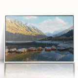 Art deco poster of a serene Swiss landscape in muted blue and green hues, framed acrylic, ideal for modern art wall decor.