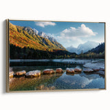 Framed canvas featuring a vintage-style landscape painting of a serene Swiss scenery, ideal for bedroom wall art.