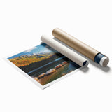 Extra large rolled print depicting a serene Swiss landscape with muted green and blue tones.