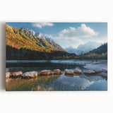 Black and white photograph of a Swiss landscape on a large stretched canvas, ideal for kitchen wall art.