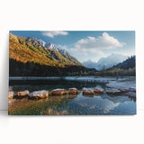 Black and white photograph of a Swiss landscape on stretched canvas, ideal for kitchen wall art.