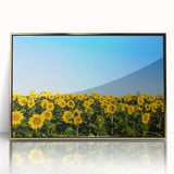 Large acrylic print of a European countryside scene in mid-century modernist style with vibrant green and gold tones.