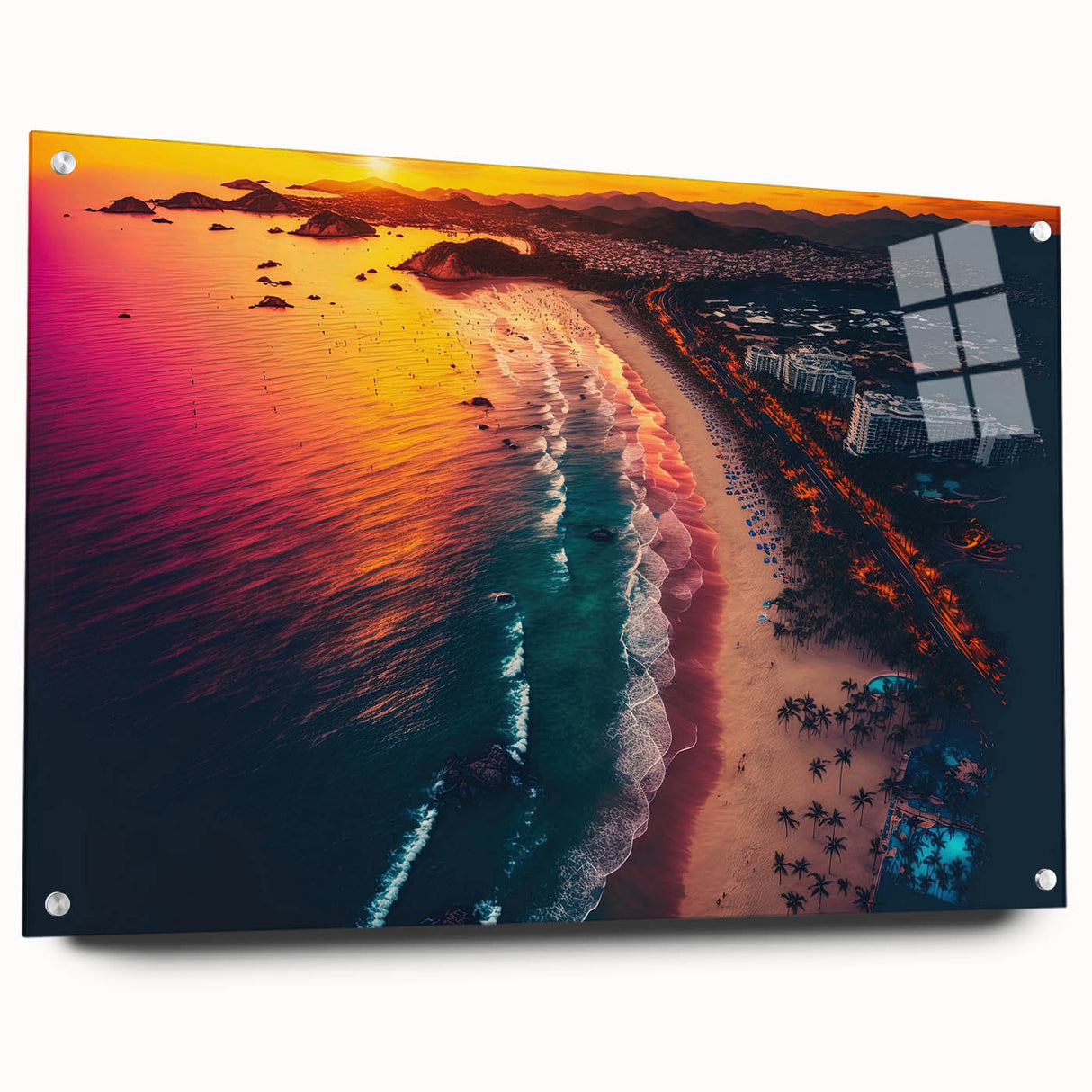 Acrylic print of Acapulco scenery in vibrant colors, ideal for dining room or bedroom decor.