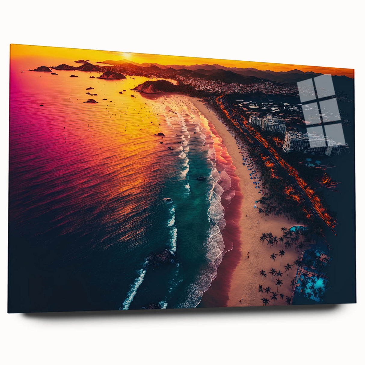 Large abstract wall art depicting the Acapulco scenery in muted earth tones on acrylic glass.