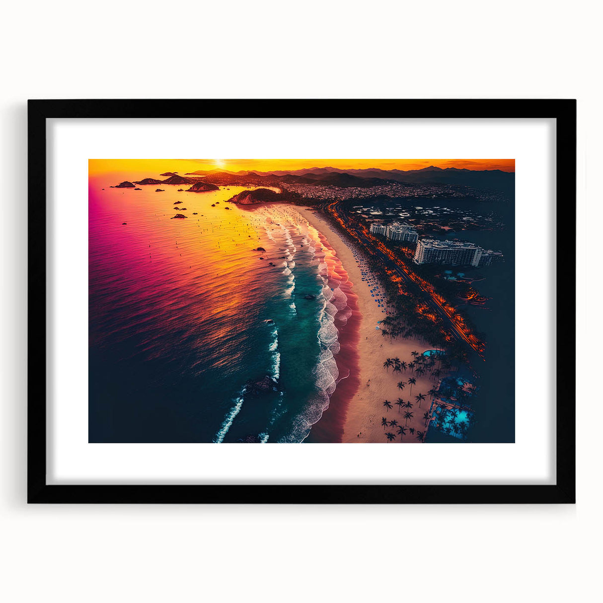 Extra large framed wall art of abstract Acapulco scenery in vibrant colors, ideal for living room decor.