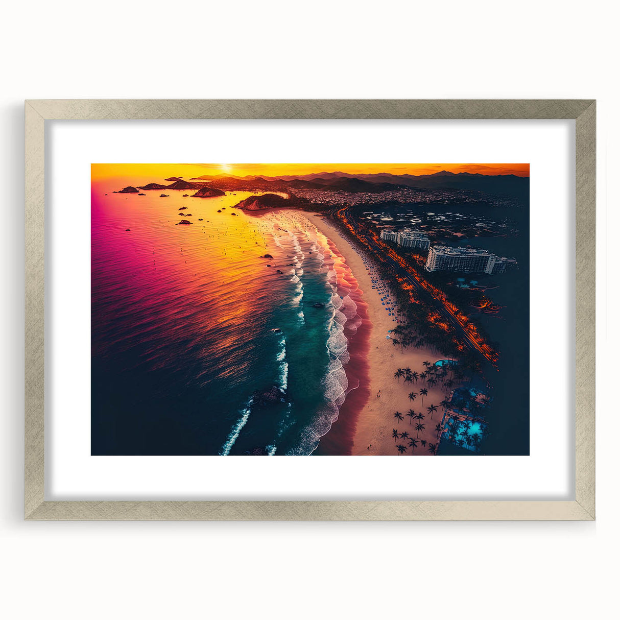 Textured abstract art print of Acapulco scenery in muted earth tones, framed in silver, ideal for bedroom art.