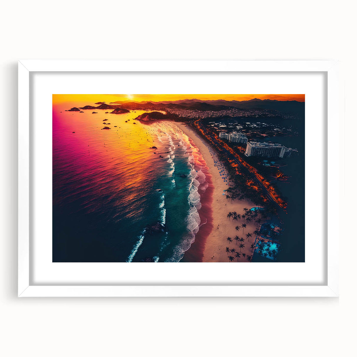 Abstract art print of Acapulco scenery in muted blue and green tones, framed with a white mat.